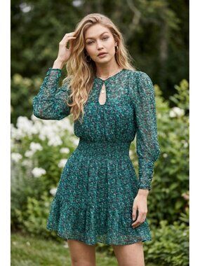 Rebecca Taylor Silk Floral Mini Dress XS Green Boho Keyhole Ruffle A-Line Spring